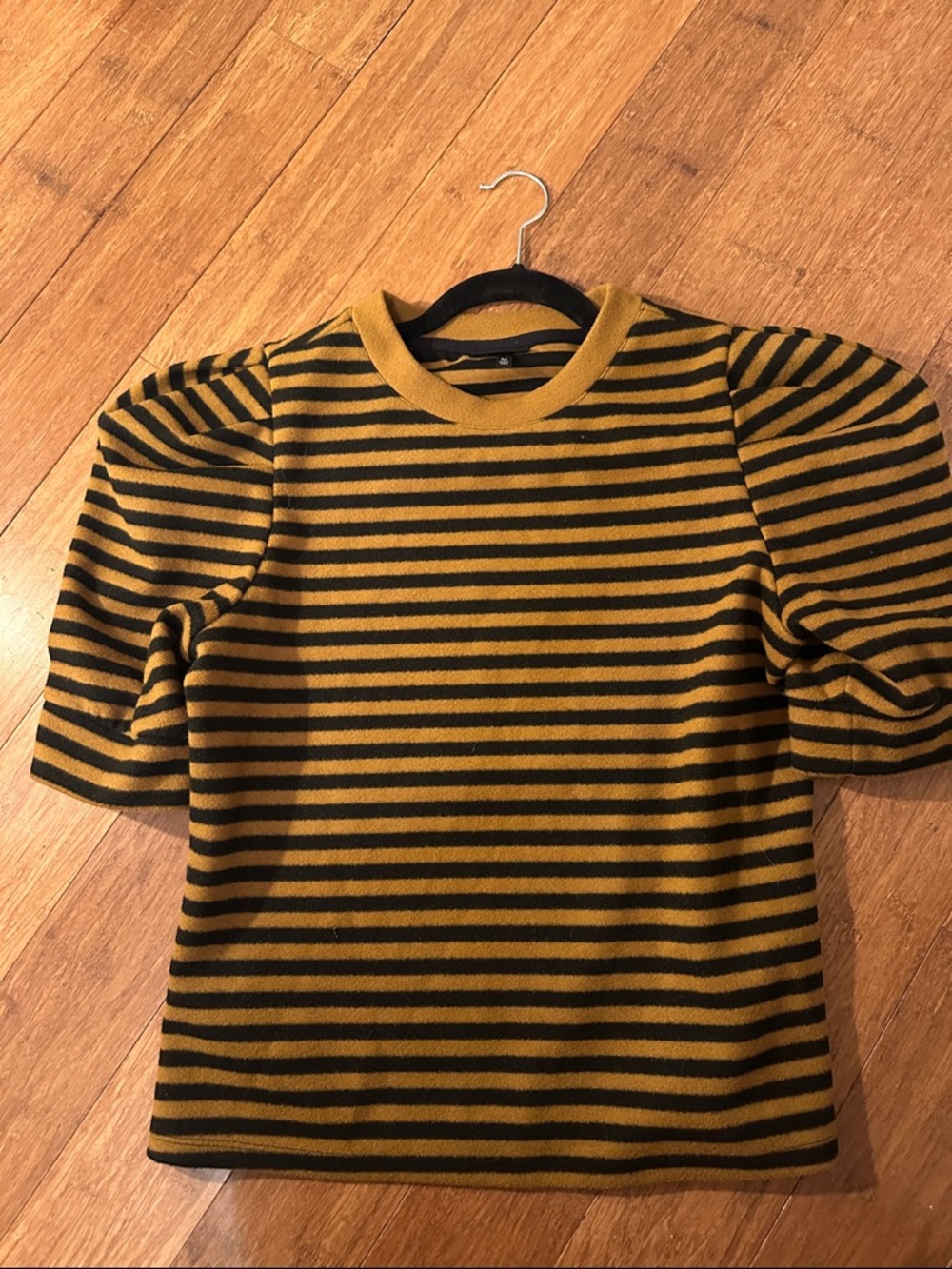 Who What Wear Mustard & Black Striped Puff Sleeve Tee